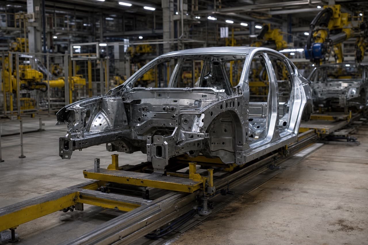 Car body-in-white frame on an automotive assembly line with robotic welding arms