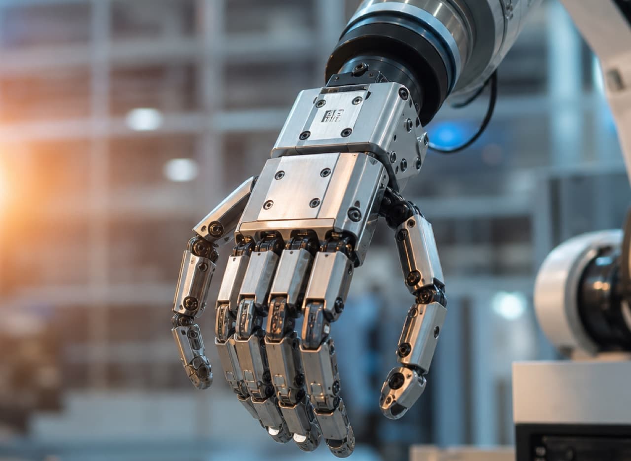 Articulated industrial robot hand with dramatic lighting